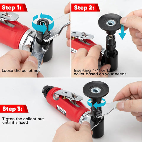 SHALL 90-degree die grinder with red body and black collet; includes 1/4" and 1/8" collets and 24 sanding discs