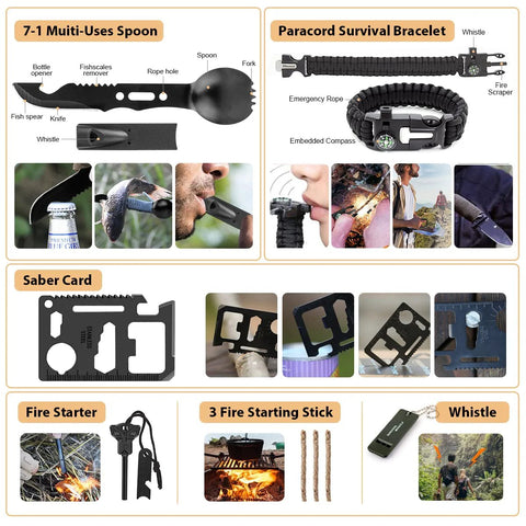 Survival kit with MOLLE bag collage: 7-in-1 spoon, paracord bracelet, saber card, fire starter