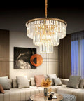 Living room with 12 Light Gold Modern Crystal Chandelier Three Tier Pendant Lighting Fixture For Living Room Dining Room Bedroom Foyer 23.64 Inch