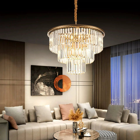 Living room with 12 Light Gold Modern Crystal Chandelier Three Tier Pendant Lighting Fixture For Living Room Dining Room Bedroom Foyer 23.64 Inch