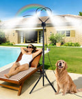 Outdoor Patio Misting System With Adjustable Five Point Seven Five Foot Spray Stand near pool, cooling area with dog and person