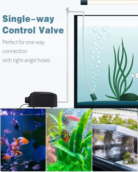 Diagram showing Single Way Aquarium Air Control Valve for Three Sixteenth Inch ID Tubing in fish tank and hydroponics setup