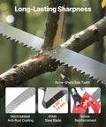 Close-up of Extendable Manual Pole Saw With Eight Section Reach Up To 27 Feet, cutting wood; sharp 65Mn steel blade shown.