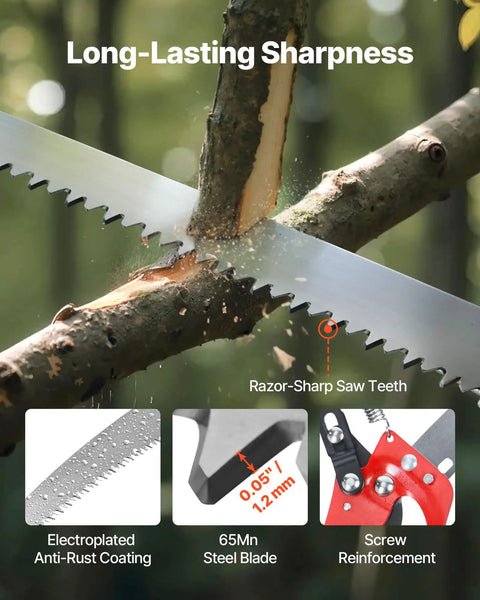 Close-up of Extendable Manual Pole Saw With Eight Section Reach Up To 27 Feet, cutting wood; sharp 65Mn steel blade shown.