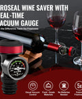 Wine Vacuum Sealer With Real Time Pressure Gauge And Hand Pump, Reusable Bottle Stoppers For Red And White Wines, Airtight Seal Keeps Your Wine Fresh Way Longer. Black and red wine stopper with PSI gauge beside bottle and glasses.