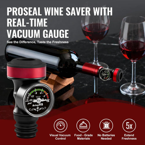 Wine Vacuum Sealer With Real Time Pressure Gauge And Hand Pump, Reusable Bottle Stoppers For Red And White Wines, Airtight Seal Keeps Your Wine Fresh Way Longer. Black and red wine stopper with PSI gauge beside bottle and glasses.