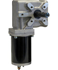 12V electric tarp gear motor for dump trailers, side view, chrome-plated housing, black motor