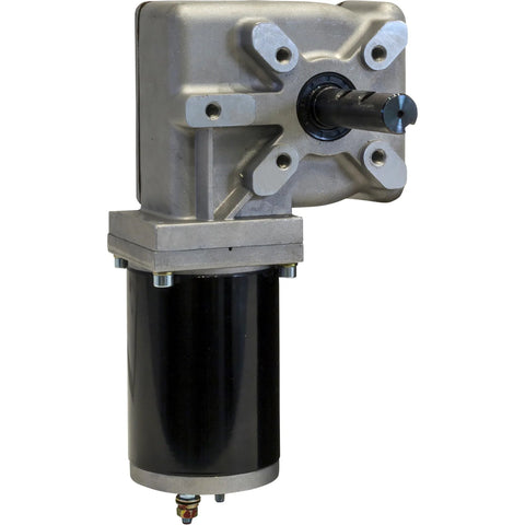 12V electric tarp gear motor for dump trailers, side view, chrome-plated housing, black motor