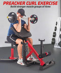 Man using 2 In 1 Roman Chair And Preacher Curl Bench For Home Gym, Multi Function Hyperextension Bench with barbell workout