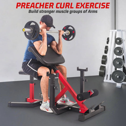 Man using 2 In 1 Roman Chair And Preacher Curl Bench For Home Gym, Multi Function Hyperextension Bench with barbell workout