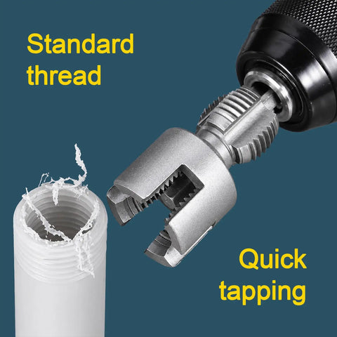 Three Piece PVC Pipe Threader Kit With Step Drill Reamer showing threading action on pipe