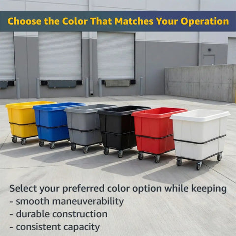 Real Deal 20 Cubic Foot Heavy Duty Trash Cube Truck With 1200 Pound Capacity, Black Rolling Laundry Cart And Construction Waste Hauler For Warehouses And Hotels, Tough Enough Roll Away Recycle Wagon displayed in various colors.