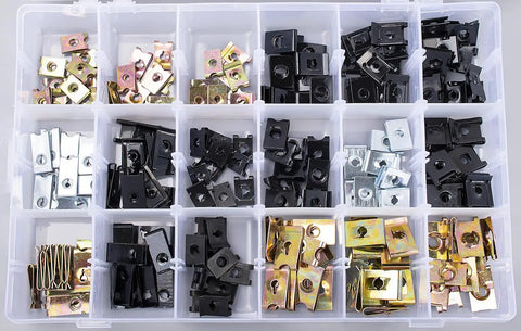 180 Piece Heavy Duty Auto Body Flat U Nut Clip Kit with assorted black, silver, and gold fasteners in clear organizer box.