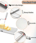 Front view of YIHAOSSING stainless steel cheese slicer with grid scale and anti-slip pads.