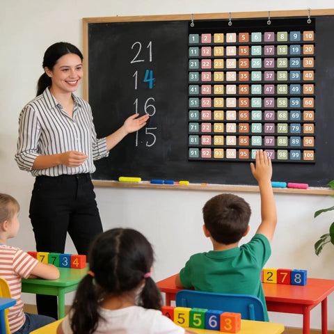 Teacher using Boho Hundred Pocket Chart With 100 Pockets And 150 Double Sided Number Cards Numbers 1 To 100 Classroom Organizer