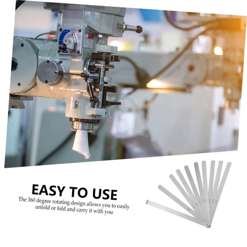 Hella Precise Dual Marked Thickness Gauge And Professional Feeler Gauge Set For Auto Repair And Woodworking on a precision machine with blades.