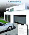 Smart Garage Door Opener Remote With External Antenna For Up To 3 Doors app screen showing operation history beside modern house