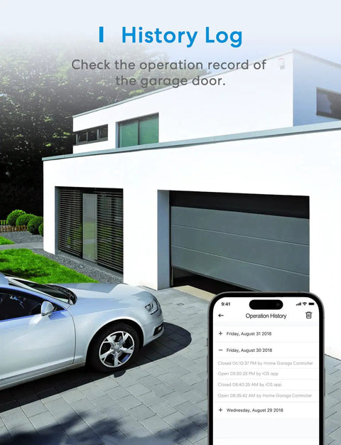Smart Garage Door Opener Remote With External Antenna For Up To 3 Doors app screen showing operation history beside modern house