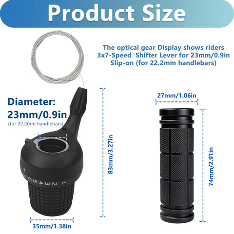18 Speed Twist Shifter For Bicycle 3x6 Gear Shift Left And Right Shifters With Grips, dimensions and size details shown