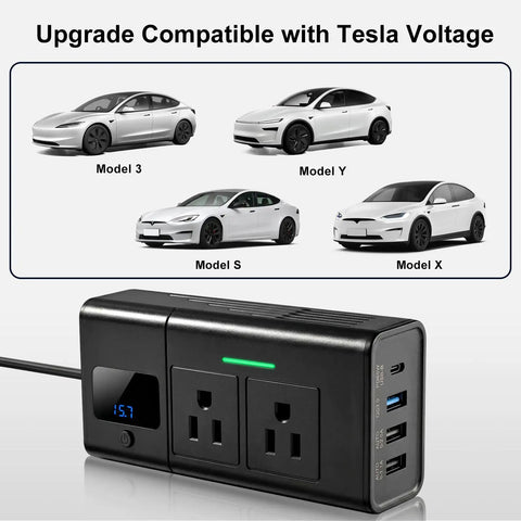 Portable 200W Car Power Inverter Dc 12 Volt To 110 Volt Ac Converter compatible with Tesla models and dual outlets.