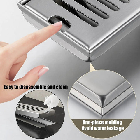 Close-up of Linear Shower Drain With Hair Catcher, Heavy Gauge Stainless Steel, easy to clean with finger touch.