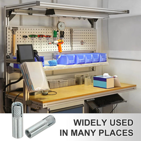 M6 Drop In Anchors 25 Pack Zinc Plated Carbon Steel Solid Knurled Concrete Anchors shown with a workbench for installation.