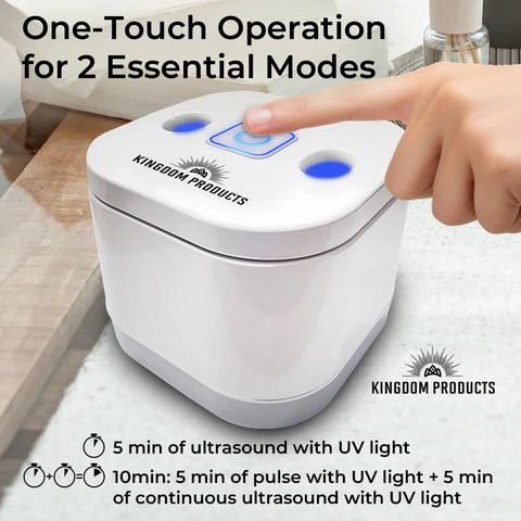 All In One Ultrasonic Retainer Cleaner 2026 Edition With 200ML Pod, 45kHz Cleaning Machine For Dentures Night Guards Mouth Guards Aligners, Easy One Click Sonic Sanitizer For Cleaner Smiles. White countertop unit with one-touch button and UV lights.