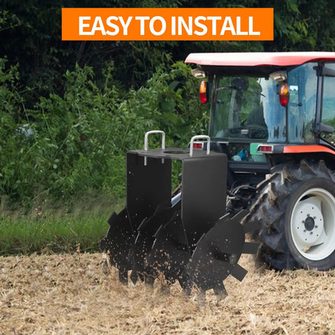 Two Pack Disc Harrow Plow For ATV UTV And Garden Tractor Heavy Duty Scraper Blade attached to tractor in field.