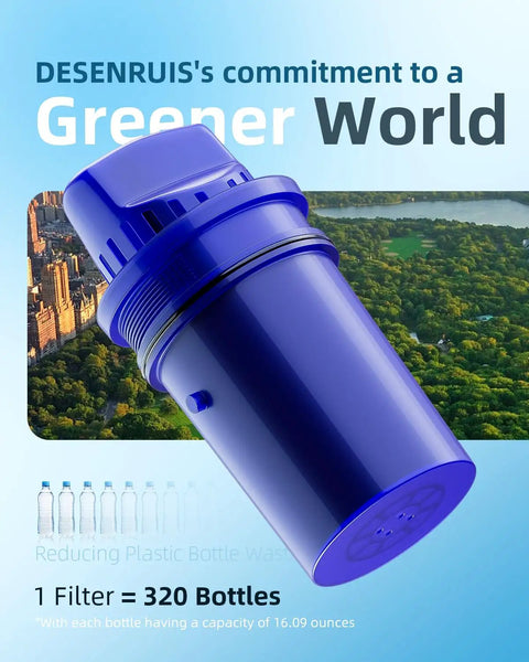 Blue water filter cartridge, Desenruis, illustrating Water Filter Replacement For All Standard Water Pitchers And Dispensers Reduces Lead And Chromium Fits Most Filtration Systems 4 Pack EZ Install Durable Replacement Cartridges For Clean Tasting Water