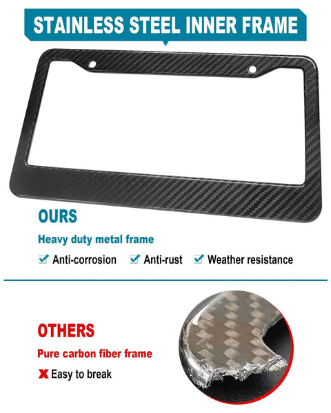 Legit Real Carbon Fiber License Plate Frame With Glossy 3D Twill Finish For Cars And Trucks showing stainless steel inner frame.