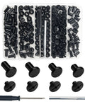 Rock Your Craft With Top Shelf Leathercraft Rivets Chicago Screws And Heavy Duty Belt Fasteners DIY Kit, assorted black screw on fasteners and screwdriver.