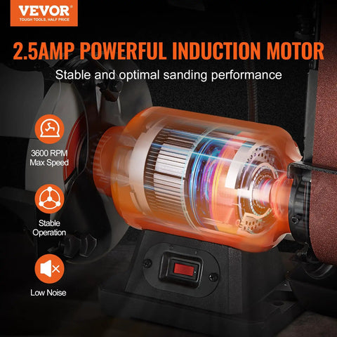 Heavy Duty Bench Grinder And Belt Sander Combo Featuring A Rock Solid 8 Inch Grinding Wheel With A Killer 2x28 Belt Sander Powered By A Smooth Running 2.5 Amp Induction Motor showing 2.5AMP motor with low noise operation.