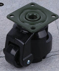 Heavy Duty 4 Piece Leveling Casters With Ratchet Handle For Industrial Machinery And Work Tables Rock Solid Build close-up of black caster wheel with green mounting plate.