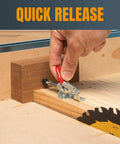 Dual Toggle Clamp 100 Lb Quick Release Push Pull Clamp used on woodworking jig to hold wood securely during cutting, close-up view