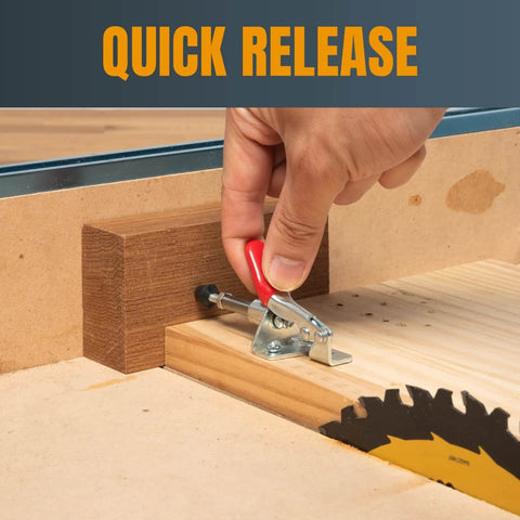 Dual Toggle Clamp 100 Lb Quick Release Push Pull Clamp used on woodworking jig to hold wood securely during cutting, close-up view