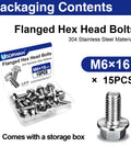 15 Pack M6 1.0 x 16mm Flange Bolts Full Thread Serrated Hex Head 304 Stainless Steel For Machinery Automotive Equipment Assembly Kit With Storage Box packaging contents
