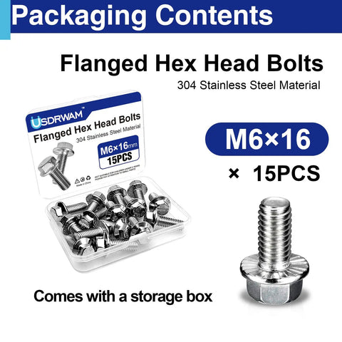 15 Pack M6 1.0 x 16mm Flange Bolts Full Thread Serrated Hex Head 304 Stainless Steel For Machinery Automotive Equipment Assembly Kit With Storage Box packaging contents