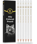 Six Pack White Color Pencils For Sketching On Dark Paper, perfect for shading, blending, and highlighting. Includes box and pencils.