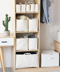 Slim Fabric Storage Bins With Comfort Handles Narrow Closet Organizers For Shelf And Cabinet Durable Canvas Containers in a wood shelf.