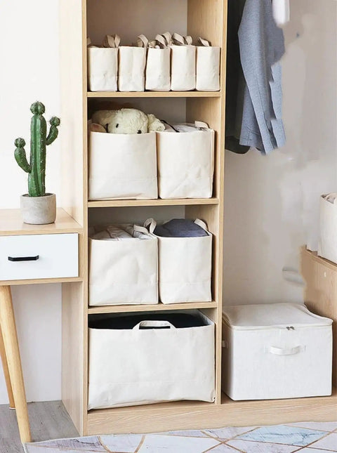 Slim Fabric Storage Bins With Comfort Handles Narrow Closet Organizers For Shelf And Cabinet Durable Canvas Containers in a wood shelf.