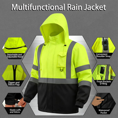 Fly On The Jobsite With This Class 3 Hi Vis Safety Rain Jacket For Men That Straight Up Kicks Rain To The Curb While Keeping You Breathing Easy In Waterproof Reflective Work Gear Built Tough For Construction Seasons