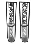 Vintage Hollow Out Metal Wall Sconce Kit Two Piece Candle Holder Set With Glass Covers For Living Room Bedroom Bathroom And Dining Area Easy Install Iron Wall Decor, black iron, front view