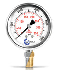 Glycerin Filled 5000 PSI Pressure Gauge With Beefy Two And A Half Inch Dial For Easy Readouts Quarter Inch NPT Lower Mount 304 Stainless Steel Case Brass Wetted Parts Dual PSI Bar Scale ASME B40 1 Grade A Accuracy front view