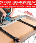 GOINGMAKE track saw parallel guide system with flip stop on woodworking table; black aluminum rails