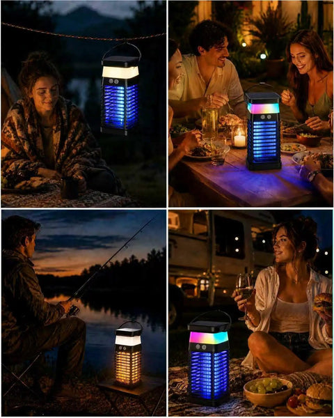 Solar Powered 3 In 1 Mosquito Zapper With Flickering Flame And RGB Light Totally Cordless Waterproof Bug Repellent in use outdoors
