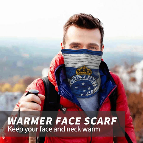Hiker wearing unisex microfiber neck warmer face mask for cold weather outdoors bandana style gaiter for riding, cycling