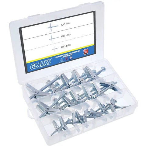 Beefy Heavy Duty Toggle Bolt And Wing Nut Kit 24 Piece Set With One Eighth Inch Three Sixteenth Inch And One Quarter Inch Sizes Zinc Plated Steel Round Head Fasteners For Hanging Heavy Stuff On Drywall in plastic case