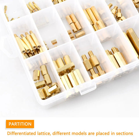Brass Hex Spacers And Standoffs Kit 210 Piece Assortment For M2 M3 M4 M5 With Male And Female Threads Screws Nuts in box