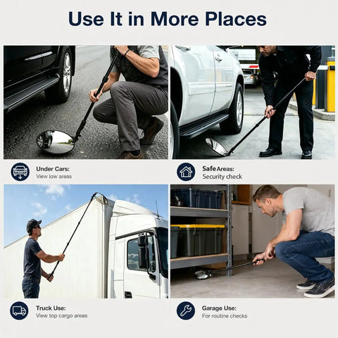 8 Inch Under Vehicle Inspection Mirror With LED Light 180 Degree Adjustable Convex Mirror Telescoping Handle Wide 200mm HD View For Cars Trucks Machinery And Tight Hard To See Areas used under cars, trucks, and garage checks