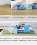 Heavy Duty Electric Strapping Machine With Hot Melt Welding and Adjustable Tension in action on cardboard box installing strapping.